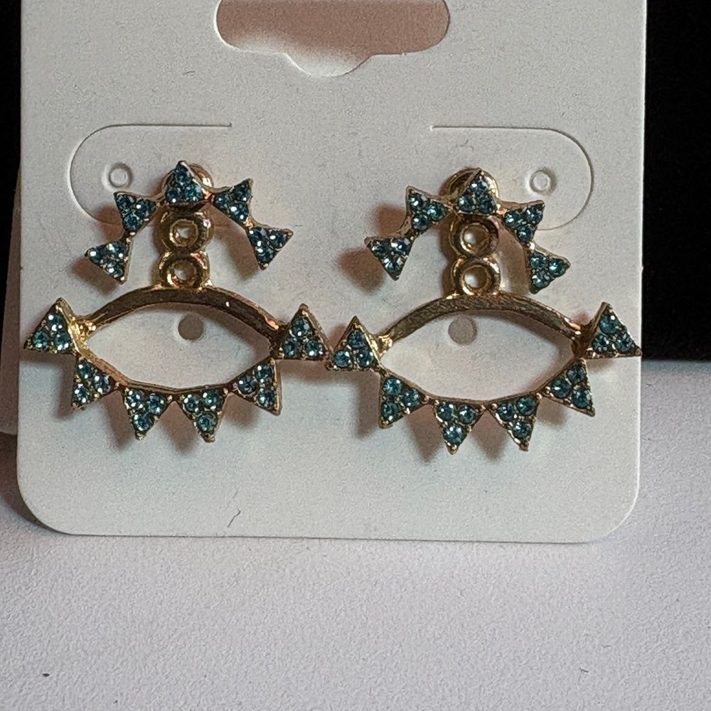 Gold-Tone Blue Rhinestone Double Design Earrings